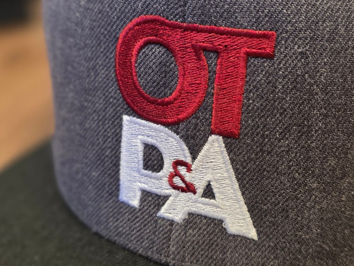 Flat embroidery on a gray cap, side view