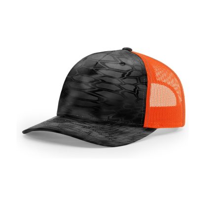 Richardson 112PFP Printed Five-Panel Trucker Cap – Kryptek Typhon/ Neon Orange – 3/4 view