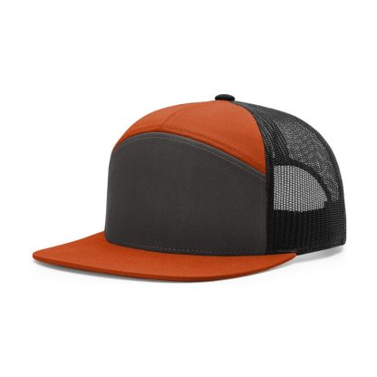 Richardson 168 Seven-Panel Trucker Cap – Charcoal/ Burnt Orange/ Black – 3/4 view